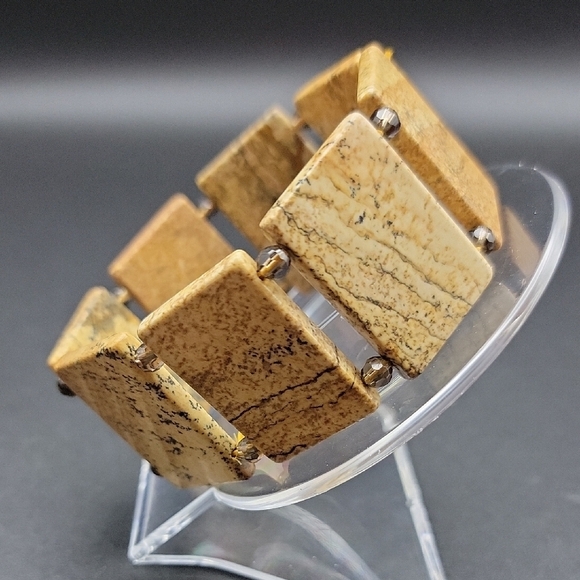 Natural Gemstone Picture Jaspet Smokey Quartz Stretch Bracelet US Size 7.5" - Picture 3 of 9